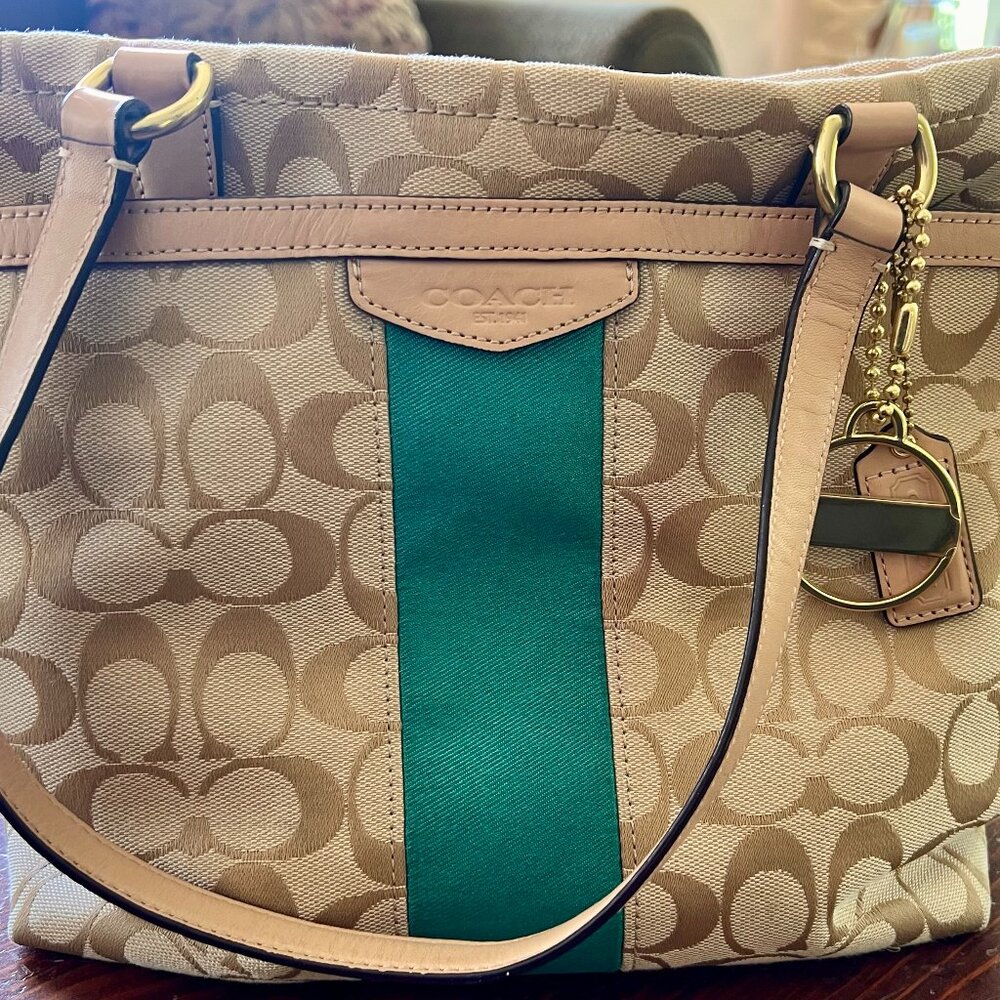 Coach F28504 Signature 12CM Tote Khaki / Emerald USED